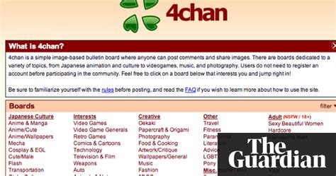 4chan là một trang web diễn đàn hình ảnh (imageboard) tiếng Anh. Người dùng thường đăng (post) một cách ẩn danh, với những bài đăng mới nhất xếp trên. 4chan được chia thành nhiều bảng (board) với nội dung và nguyên tắc khác nhau. ... Adult GIF; Adult Cartoons; Adult Requests; Tham khảo ...